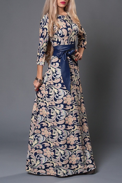 Womens Fancy Floral Printed Round Neck Three-Quarter Sleeve Belted Waist Maxi Swing Dress