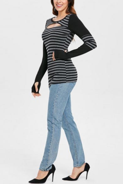 Womens Fashion Black Striped Patched Hollow Out Front Round Neck Long Sleeve T-Shirt