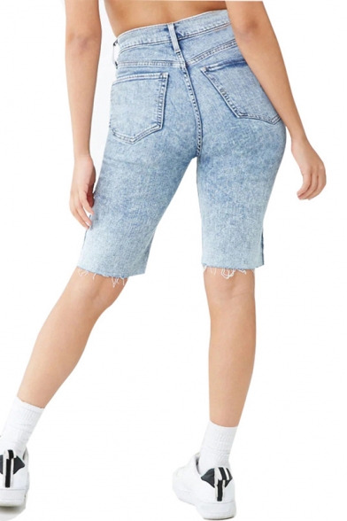 Womens Fashion Classic Blue Frayed Hem Skinny Fit Half Denim Shorts