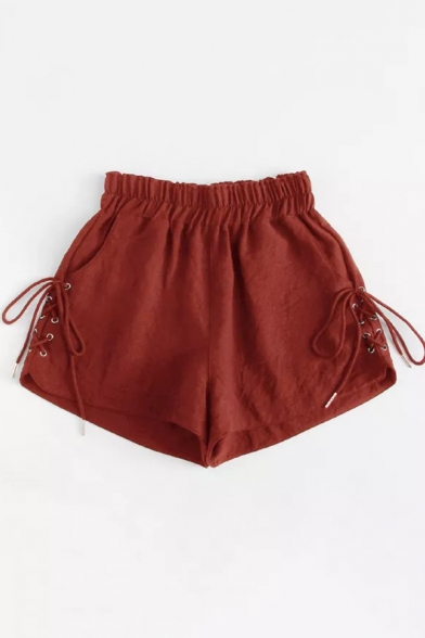 

Womens Fashion Elastic Waist Lace-Up Side Loose Casual Shorts, LM548686, Blue;brown;burgundy