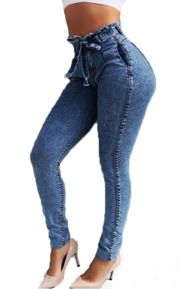 Womens Fashion High Rise Bow-Tied Waist Stretch Skinny Fit Jeans