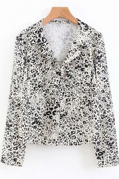 Womens Fashion Leopard Pattern Lapel Collar Long Sleeve Casual Loose Button Shirt
