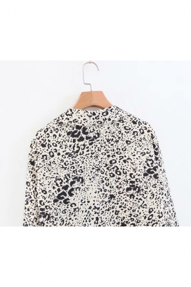 Womens Fashion Leopard Pattern Lapel Collar Long Sleeve Casual Loose Button Shirt