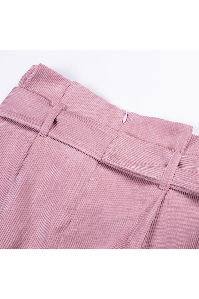 Womens Fashion Paperbag High Waist Belt- Tie Pink Corduroy A-Line Mini Skirt