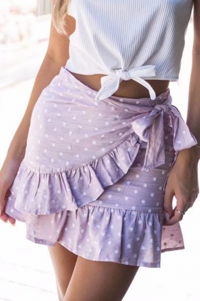 Womens Fashion Polka Dot Print Tie Side Mini Summer Wrap Skirt