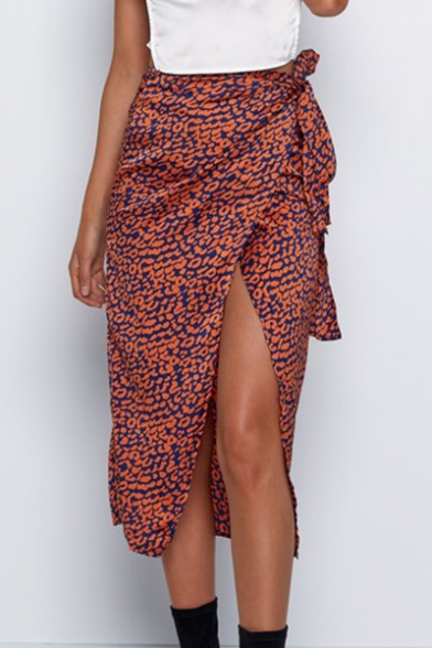 Womens Fashion Printed Tied Waist Split Front Midi Wrap Skirt