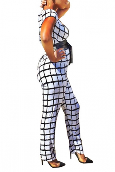 Womens Fashion White Check Plunge V Neck Short Sleeve Tie Waist Jumpsuits for Party