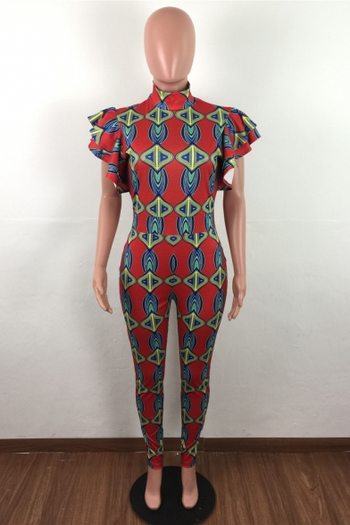 Womens Folk Style Tribal Print Round Neck Ruffle Sleeves Fitted Jumpsuits