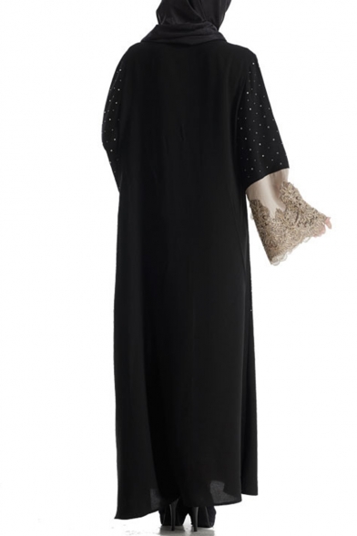 Womens Hot Fashion Black Long Sleeve Beading Embellished Patchwork Maxi Muslim Cardigan Dress