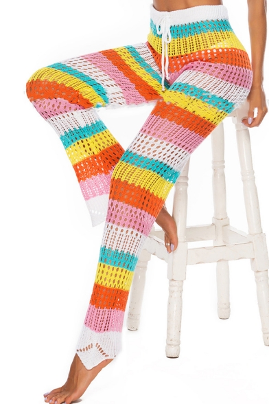 Womens Hot Sexy Rainbow Knit Cutout Crochet High Waist Self-Tie Beach Pants