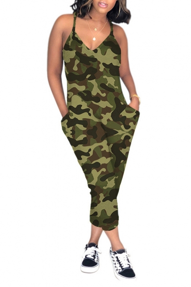 Womens Hot Stylish Camouflage Plunge V Neck Straps Casual Slouchy Jumpsuit