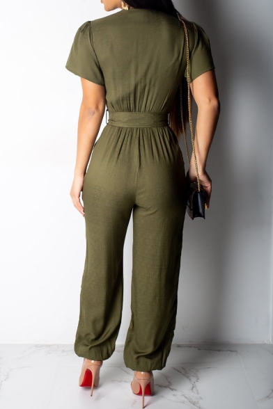 Womens Hot Stylish Green Short Sleeve Button Down Belt Waist Chic Jumpsuits