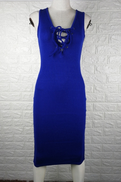 Womens New Stylish Simple Plain Lace-Up V-Neck Sleeveless Midi Sheath Dress