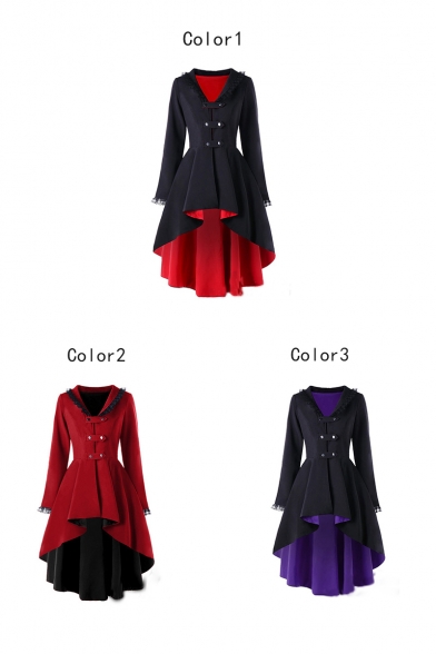 Womens New Trendy Color Block Chic Lace-Trimmed Long Sleeve Dipped Hem Lace-Up Back Longline Overcoat