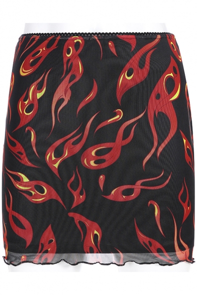 Womens Sexy Black Fire Pattern Curved Hem Mini Bodycon Mesh Skirt