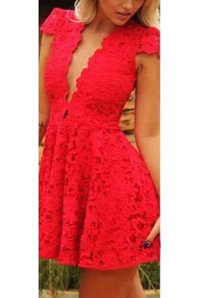 Womens Sexy Plunge V-Neck Short Sleeve Mini A-Line Red Lace Dress