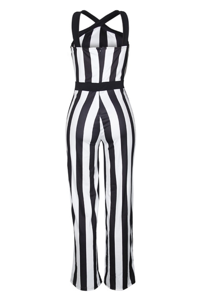 Womens Stylish Black Sleeveless Crisscross Back Striped Printed Sexy Jumpsuits