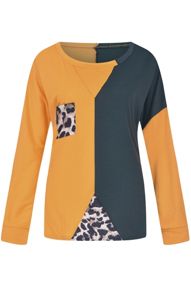 Womens Stylish Color Block Leopard Patched Round Neck Long Sleeve Loose Tee