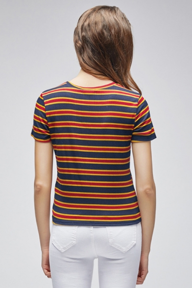 Womens Stylish Striped Printed Round Neck Short Sleeve Slim Fitted T-Shirt