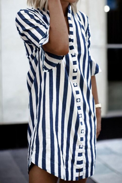 Womens Summer Fashion Vertical Wide Stripe Printed Flared Short Sleeve Loose Fit Tunic Shirt Blouse