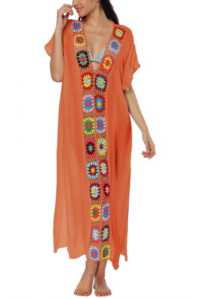 Womens Summer Holiday Ethnic Style Crochet Patched V-Neck Short Sleeve Maxi Beach Kaftan Dress