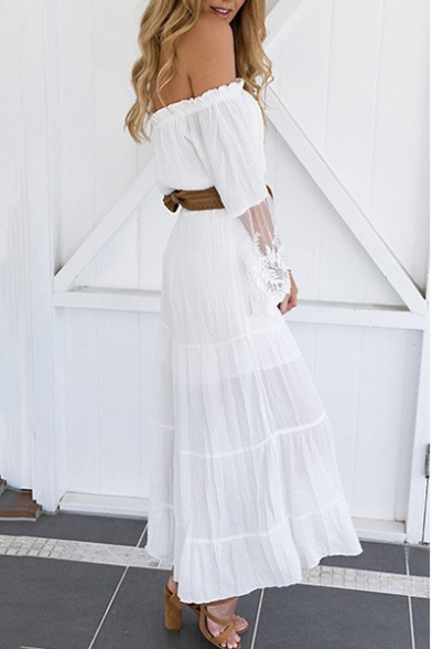 Womens Summer Plain Chic Lace-Panel Bell Long Sleeve Off the Shoulder Holiday White Maxi Beach Dress