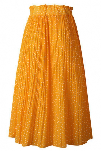 Womens Summer Trendy Ruffled Waist Classic Polka Dot Printed Midi Pleated Skirt
