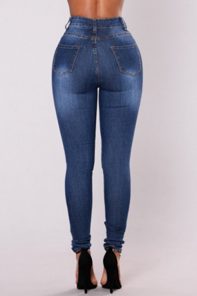 Womens Trendy Dark Blue Destroyed Ripped Skinny Fit Jeans
