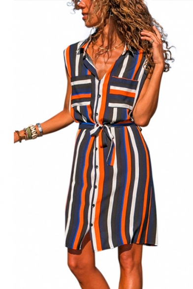 Womens Trendy Vertical Striped Printed Sleeveless Bow-Tied Waist Button Down Mini Casual Sheath Shirt Dress