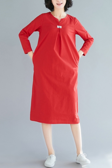 Womens Vintage Simple Solid Color Long Sleeve Midi Swing Dress