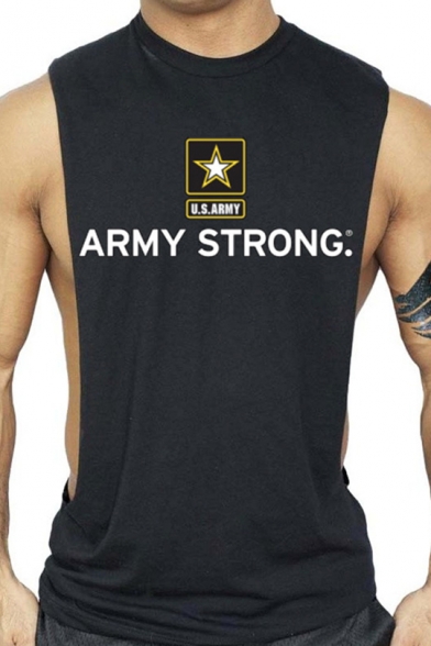 ARMY STRONG Letter Printed Round Neck Sleeveless Sport Cotton GYM Tank Top for Men