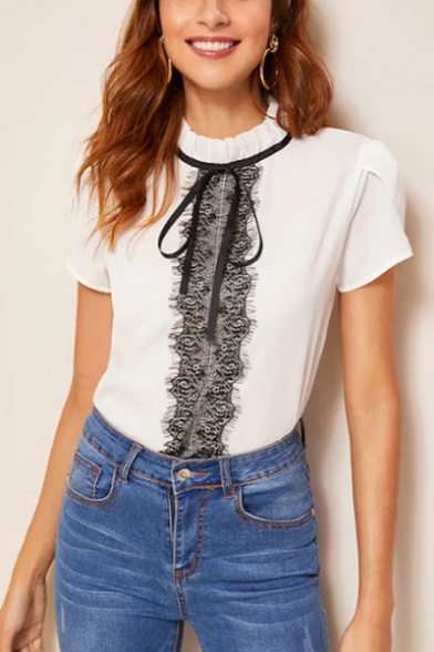 Chic Lace Panel Bow-Tied Stand Collar Short Sleeve White Fitted T-Shirt