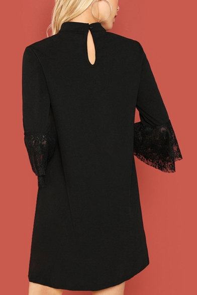 Chic Simple Plain Halter V-Neck Lace Ruffled Sleeve Black Mini Swing Dress