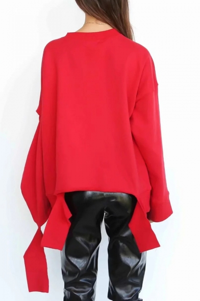 Cool Girls Simple Letter GIA Print Hollow Long Sleeve Red Oversized Asymmetrical Sweatshirt