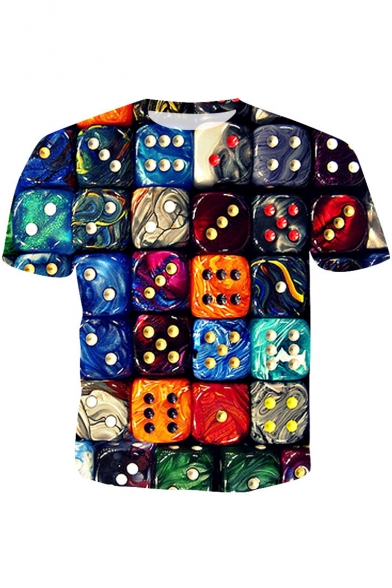Cool Stylish Colorful Dice Painting Printed Round Neck Short Sleeve T-Shirt