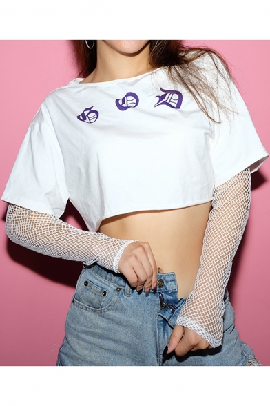 Cool Unique Letter GOD Print Hollow Mesh Patched Long Sleeve White Loose Cropped Tee