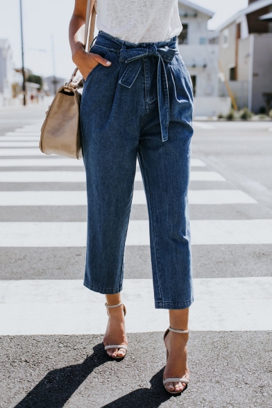 Dark Blue Bow-Tied High Waist Casual Loose Cropped Tapered Jeans