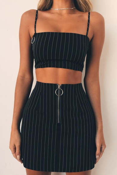 Fancy Black Vertical Striped Print Zipper Front Mini Bodycon Skirt