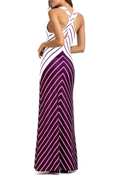 Fancy Zigzag Striped Printed Scoop Neck Sleeveless Maxi Tank Dress for Women