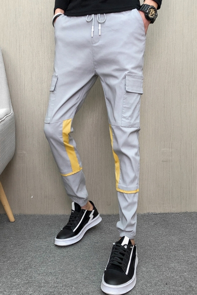 Fashion Color Block Flap Pocket Drawstring Waist Elastic Cuff Slim Cut Men's Casual Cotton Cargo Pants