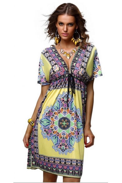 Fashion Ethnic Style Tribal Printed Plunging V-Neck Short Sleeve Midi Sheath Beach Dress