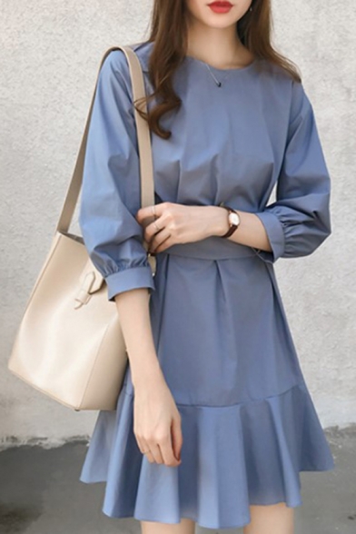 Fashion Half Sleeve Bow-Tie Plain Ruffle Hem Casual Mini A-Line Dress