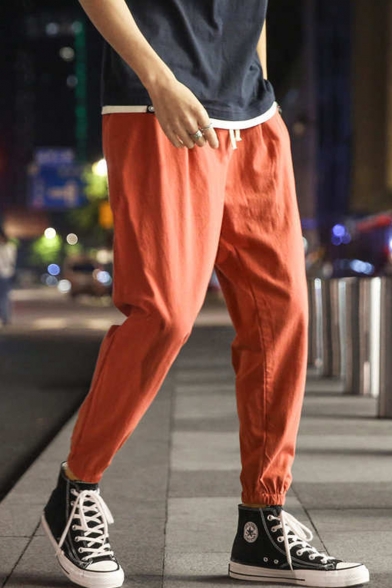 Fashion Simple Plain Drawstring Waist Elastic Cuffs Leisure Linen Tapered Pants for Guys
