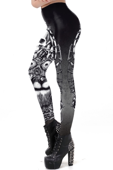 Fashion Womens Black Skull Skeleton Print High Waist Skinny Fitted Fancy Pants Leggings