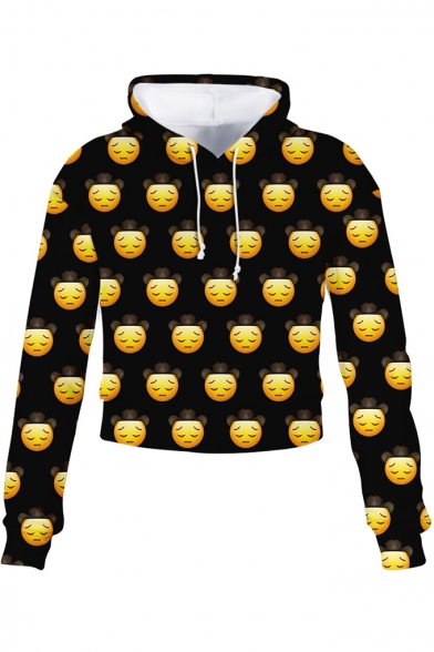 Funny Allover Cartoon Sad Face Emoji Printed Long Sleeve Black Cropped Hoodie