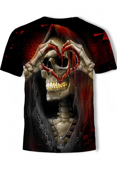 Funny Blood Heart Skull Figure 3D Printed Round Neck Short Sleeve Tee