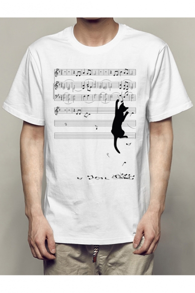Funny Cartoon Cat Climbing Musical Note Basic Short Sleeve White T-Shirt