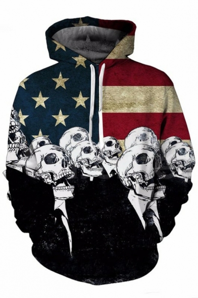 Funny Flag Skull Figure Printed Long Sleeve Sport Loose Drawstring Hoodie