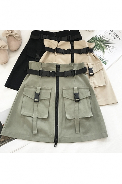 Girls Cool Street Style Buckled Waist Flap Pocket Zipper Front Mini Military A-Line Skirt