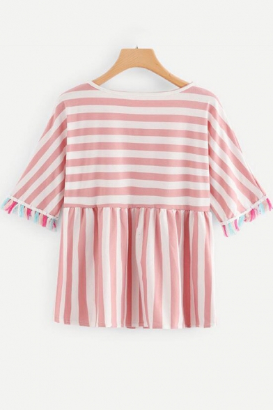 Girls Summer Fashion Vertical Striped Print Tassel Hem Loose Relaxed T-Shirt